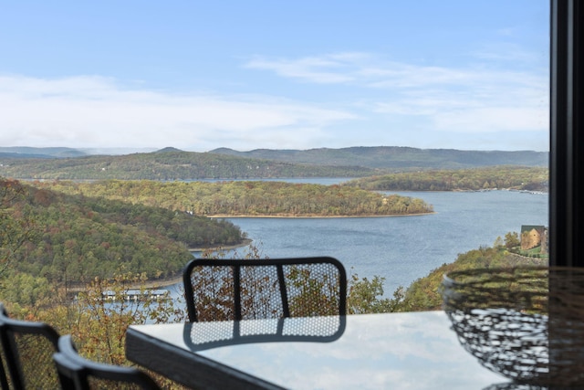 water view featuring a forest view and a mountain view