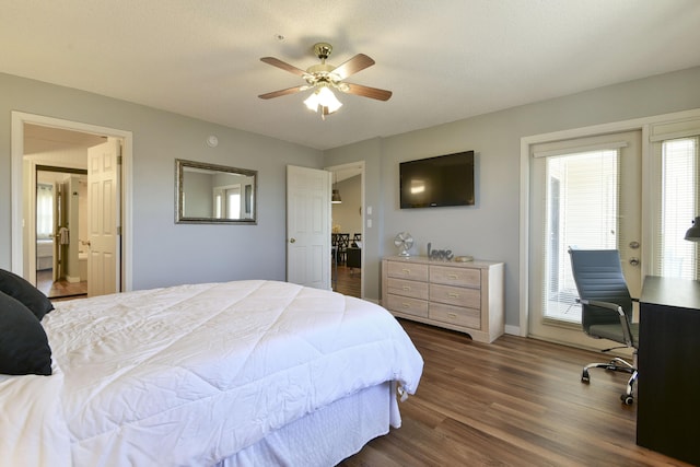 bedroom featuring access to exterior, baseboards, dark wood-type flooring, and ceiling fan