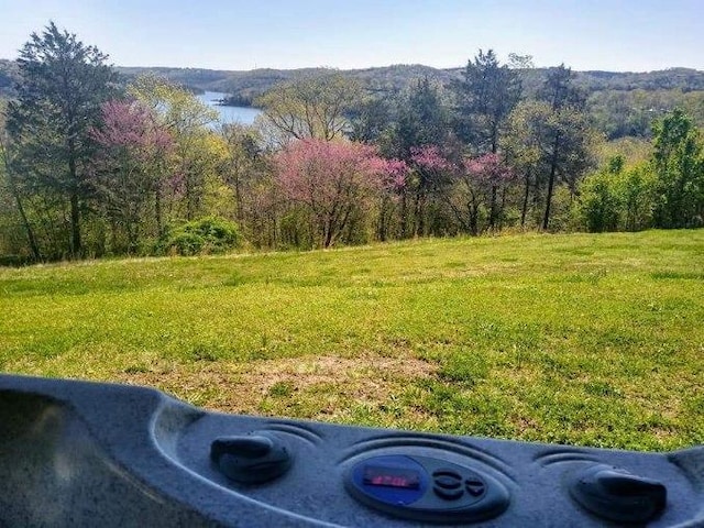 view of yard with a forest view and a water view