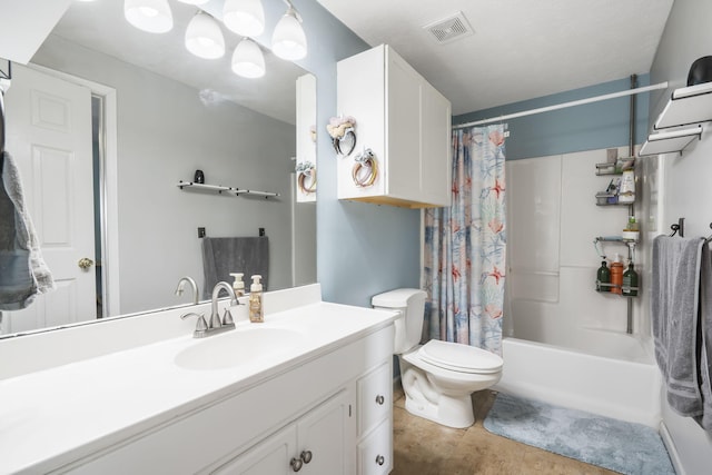 bathroom featuring vanity, toilet, visible vents, and shower / tub combo with curtain