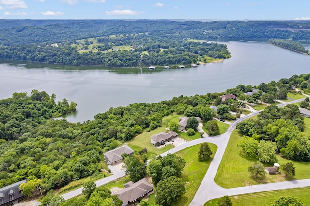 drone / aerial view with a forest view and a water view