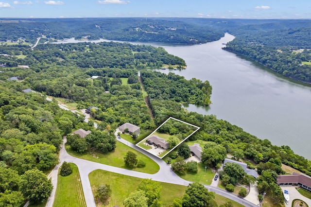 birds eye view of property with a view of trees and a water view