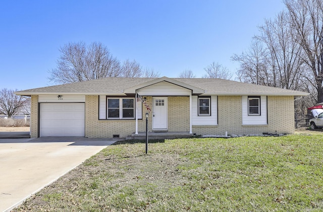 ranch-style home with brick siding, an attached garage, concrete driveway, and a front lawn