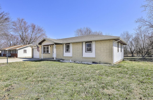 ranch-style house with brick siding, driveway, a front yard, and a garage