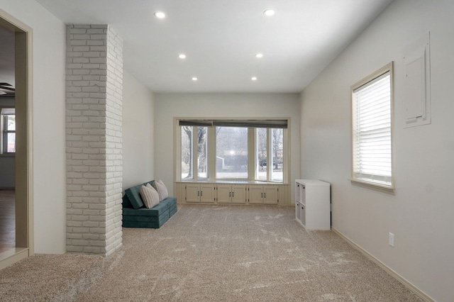 unfurnished room with recessed lighting and light colored carpet