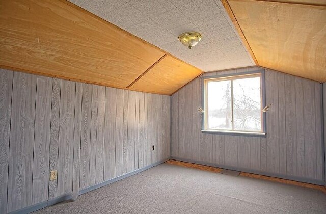 additional living space with vaulted ceiling, carpet flooring, and wood walls