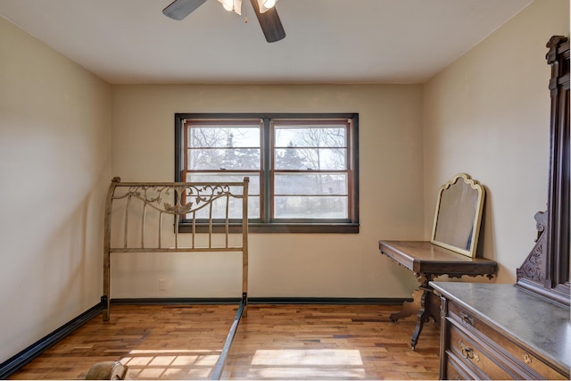 interior space featuring a ceiling fan, wood finished floors, and baseboards