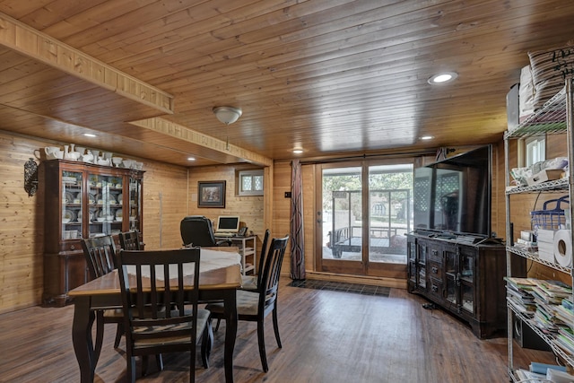 dining area featuring wood walls, wooden ceiling, and wood finished floors