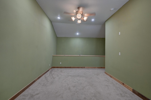 unfurnished room featuring recessed lighting, baseboards, a ceiling fan, and carpet flooring