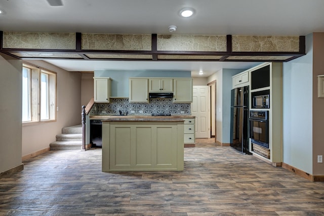 kitchen featuring backsplash, ventilation hood, butcher block countertops, dark wood-style floors, and black appliances