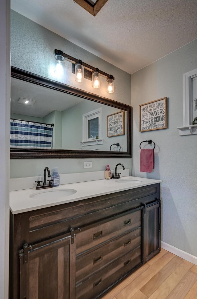 bathroom with double vanity, wood finished floors, baseboards, and a sink