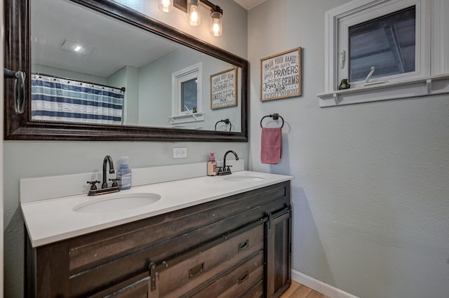 bathroom featuring double vanity, wood finished floors, baseboards, and a sink