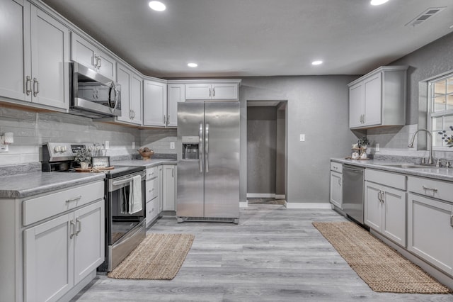 kitchen with visible vents, light wood-style flooring, a sink, stainless steel appliances, and backsplash