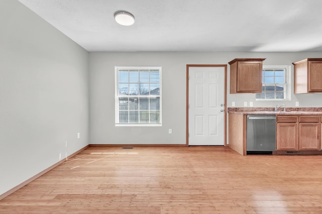 kitchen with stainless steel dishwasher, light wood-style floors, baseboards, and a healthy amount of sunlight