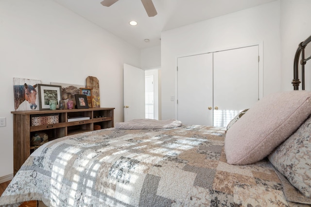 bedroom with recessed lighting, a closet, and a ceiling fan