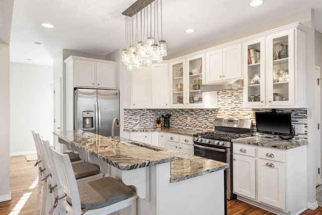 kitchen featuring under cabinet range hood, tasteful backsplash, wood finished floors, white cabinetry, and appliances with stainless steel finishes