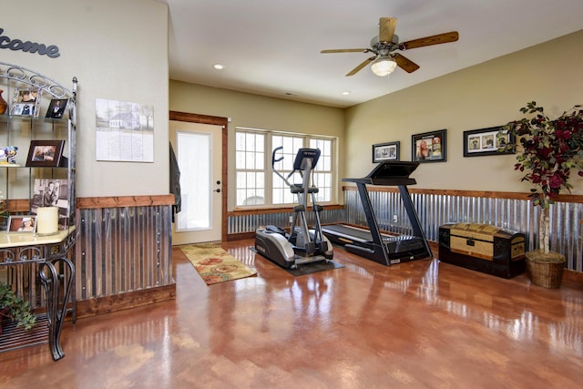 workout room with recessed lighting and a ceiling fan