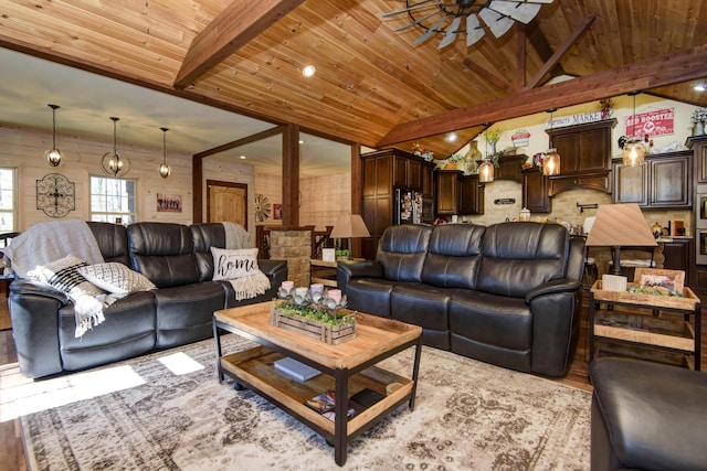 living room with recessed lighting, wooden ceiling, vaulted ceiling with beams, and ceiling fan