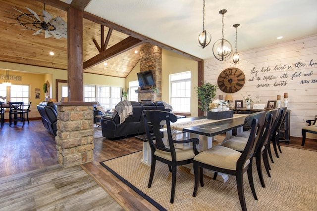 dining area featuring a wealth of natural light, beamed ceiling, wooden ceiling, and wood finished floors