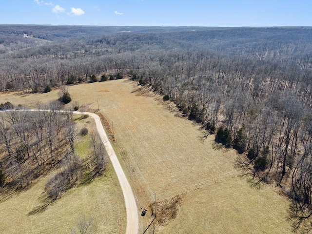 aerial view featuring a wooded view