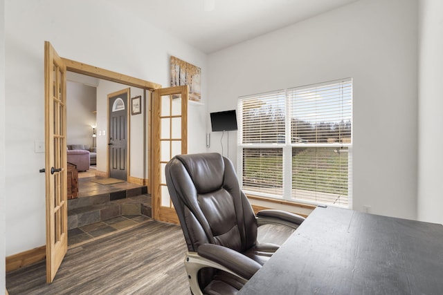 home office featuring french doors and wood finished floors