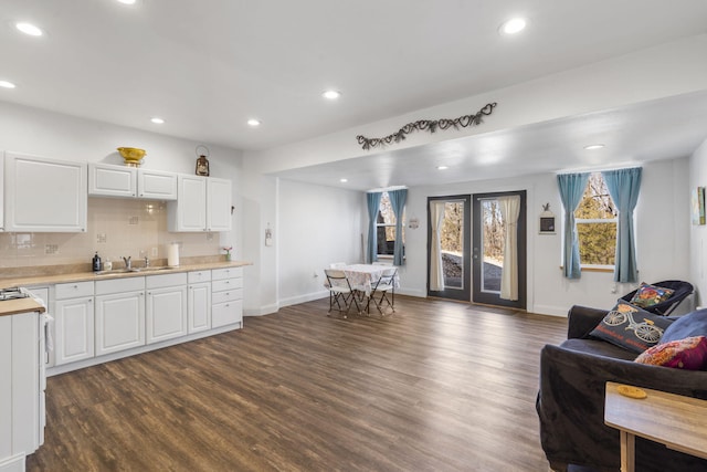 kitchen with a sink, light countertops, open floor plan, dark wood-type flooring, and tasteful backsplash