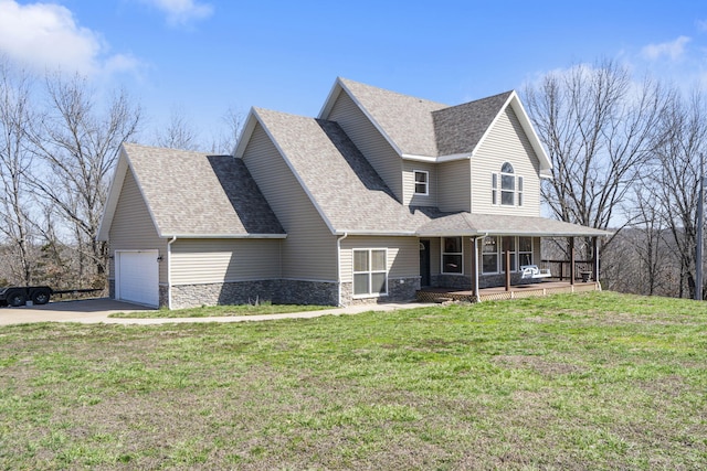 view of front facade with stone siding, a front yard, an attached garage, and a shingled roof