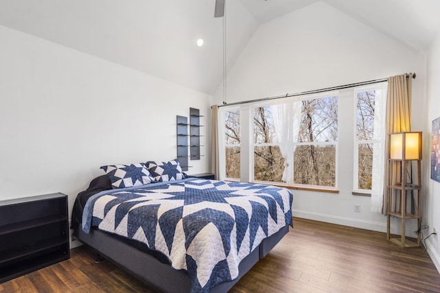 bedroom featuring dark wood-type flooring, baseboards, recessed lighting, high vaulted ceiling, and a ceiling fan