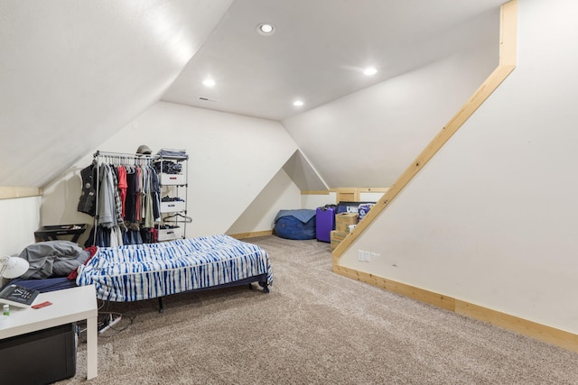 carpeted bedroom with recessed lighting, baseboards, lofted ceiling, and visible vents