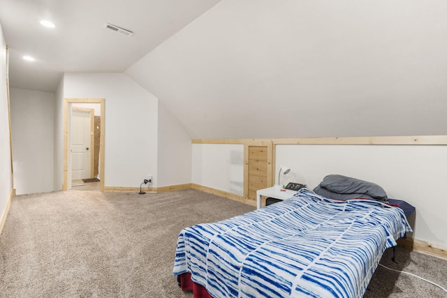 carpeted bedroom with visible vents, recessed lighting, baseboards, and vaulted ceiling