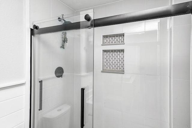 bathroom with toilet and a stall shower