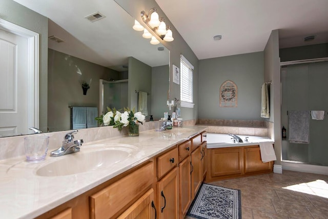 full bath featuring tile patterned floors, a stall shower, a sink, double vanity, and a bath