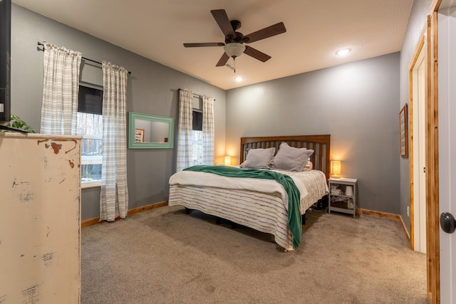 carpeted bedroom with recessed lighting, baseboards, and a ceiling fan