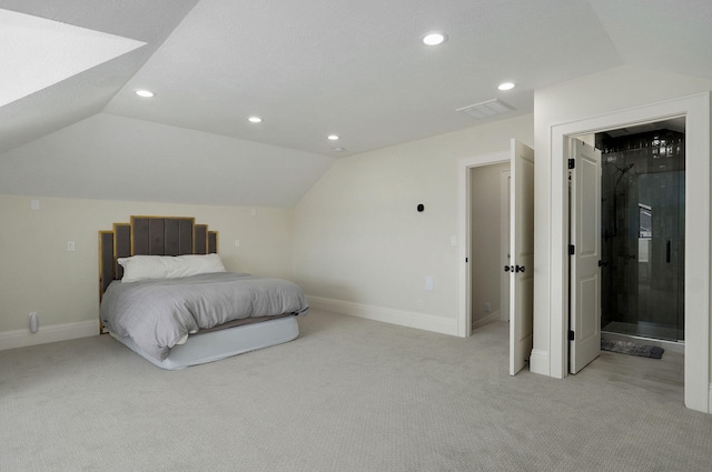 bedroom featuring lofted ceiling, recessed lighting, baseboards, and light carpet