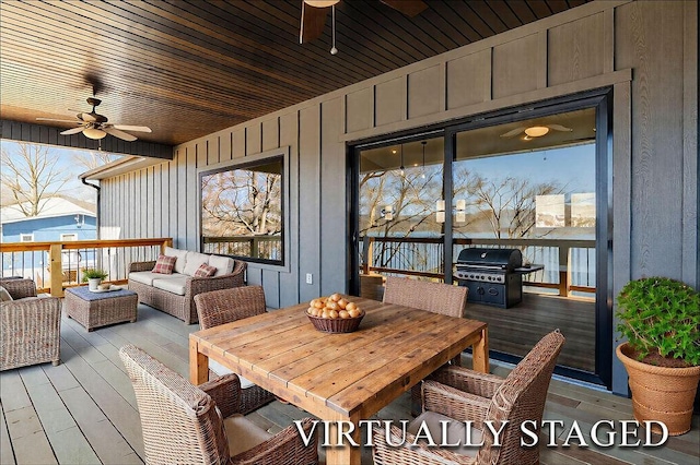 exterior space with ceiling fan, an outdoor hangout area, outdoor dining space, and grilling area