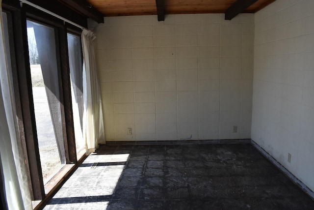 unfurnished room featuring beam ceiling and wood ceiling