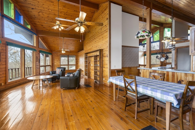 dining area with wooden walls, wood ceiling, hardwood / wood-style floors, and high vaulted ceiling