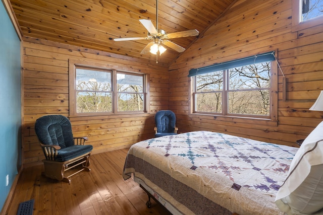 bedroom featuring visible vents, wood walls, wood ceiling, lofted ceiling, and wood-type flooring