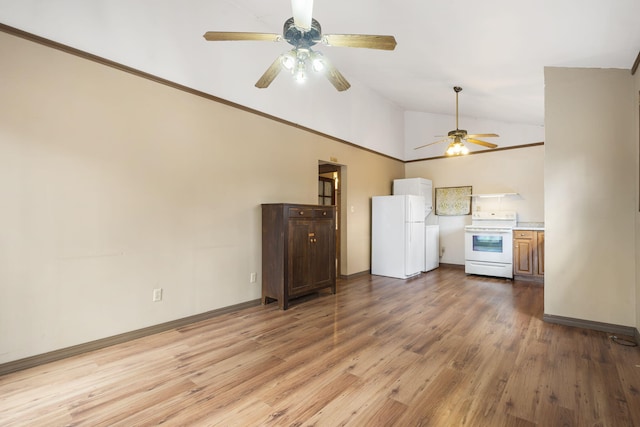 unfurnished living room with light wood-type flooring, baseboards, a ceiling fan, and vaulted ceiling