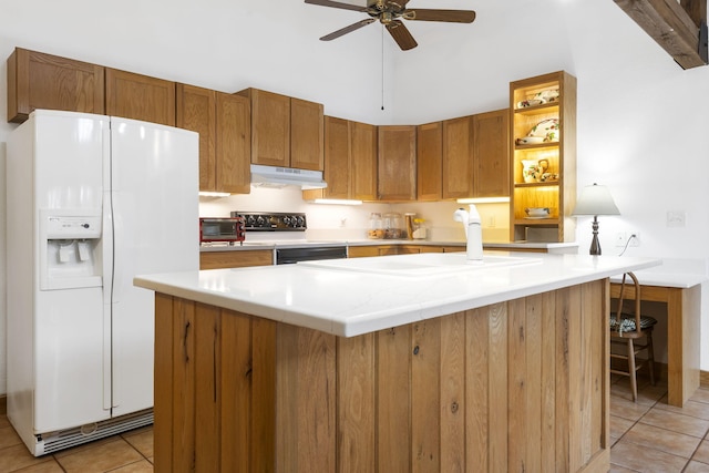 kitchen with light tile patterned floors, electric stove, under cabinet range hood, white fridge with ice dispenser, and a center island