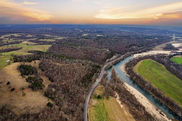 drone / aerial view with a view of trees and a water view