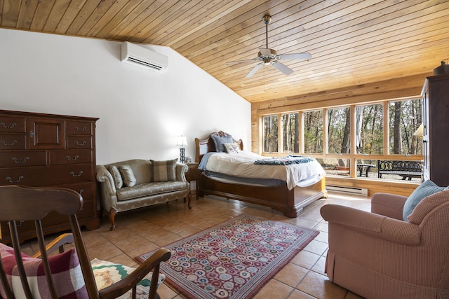 bedroom featuring a ceiling fan, a wall mounted AC, a baseboard heating unit, light tile patterned floors, and wood ceiling