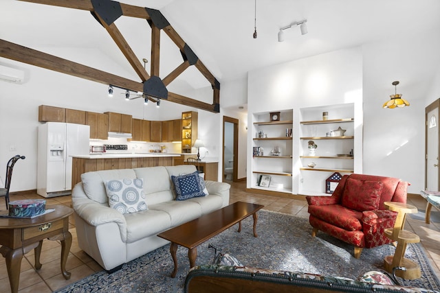 tiled living room with track lighting, beamed ceiling, high vaulted ceiling, and a wall mounted AC