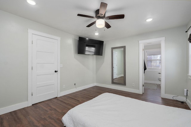 bedroom with recessed lighting, baseboards, and wood finished floors