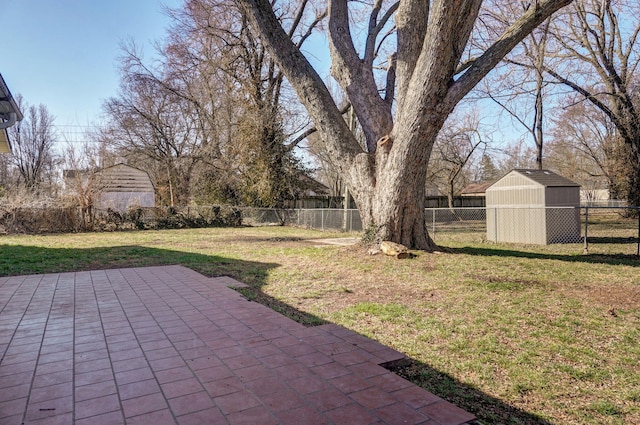 view of yard featuring a storage unit, an outdoor structure, a fenced backyard, and a patio area