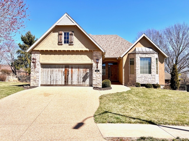 view of front of home with stone siding, driveway, roof with shingles, and a front lawn