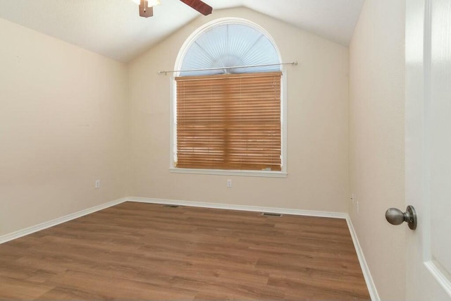 175 Mesquite Dr, Branson, MO 65616 - spare room with baseboards, a ceiling fan, lofted ceiling, and wood finished floors