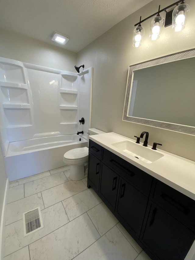 bathroom with visible vents, toilet, shower / bathtub combination, marble finish floor, and vanity