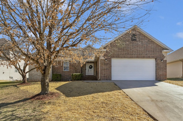 single story home featuring concrete driveway, an attached garage, brick siding, and a front lawn