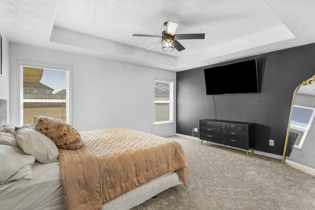 bedroom featuring baseboards, a raised ceiling, a textured ceiling, and carpet flooring